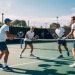 A group af mennesker der spiller padeltennis med de bedste padelbat fra padelbat dk nyder en konkurrence og sjov kamp på banen