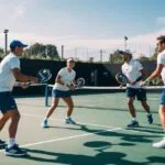 A group af mennesker der spiller padeltennis med de bedste padelbat fra padelbat dk nyder en konkurrence og sjov kamp på banen