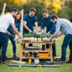 En gruppe mennesker der arrangerer chausseesten for at skabe et unikt udendørsprojekt omgivet af værktøj og materialer