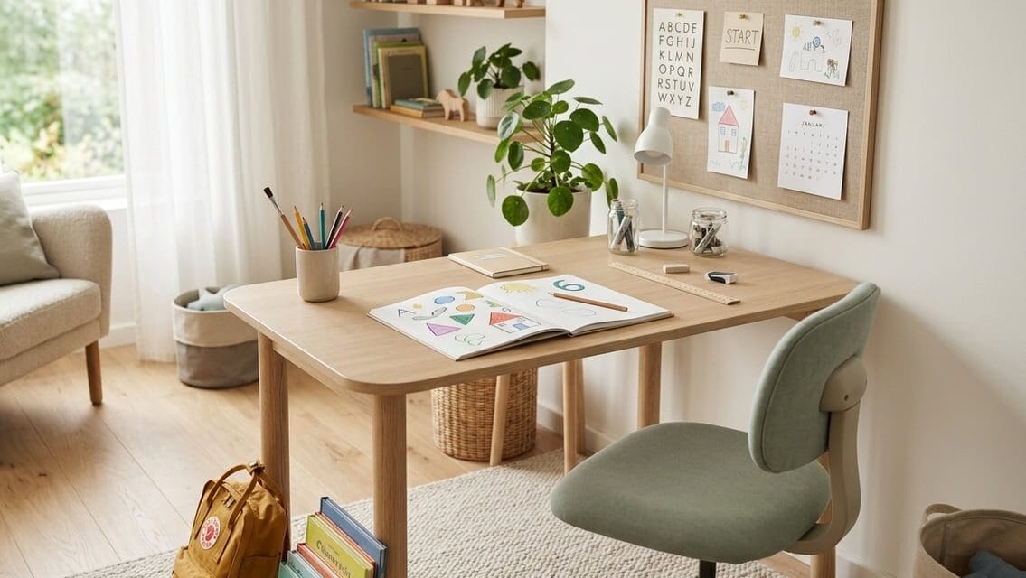 Skrivebord til et barn på 6 år – inspiration til skolestarten